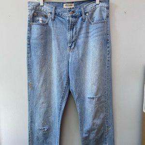 Madewell high rise jeans 34 waist “Splat” distressed white / beige